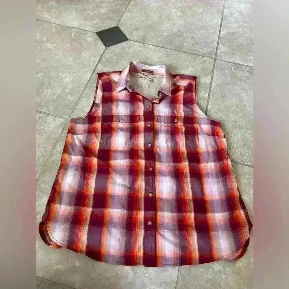 Eddie Bauer Women’s Plaid Travex Sleeveless Shirt Size Large